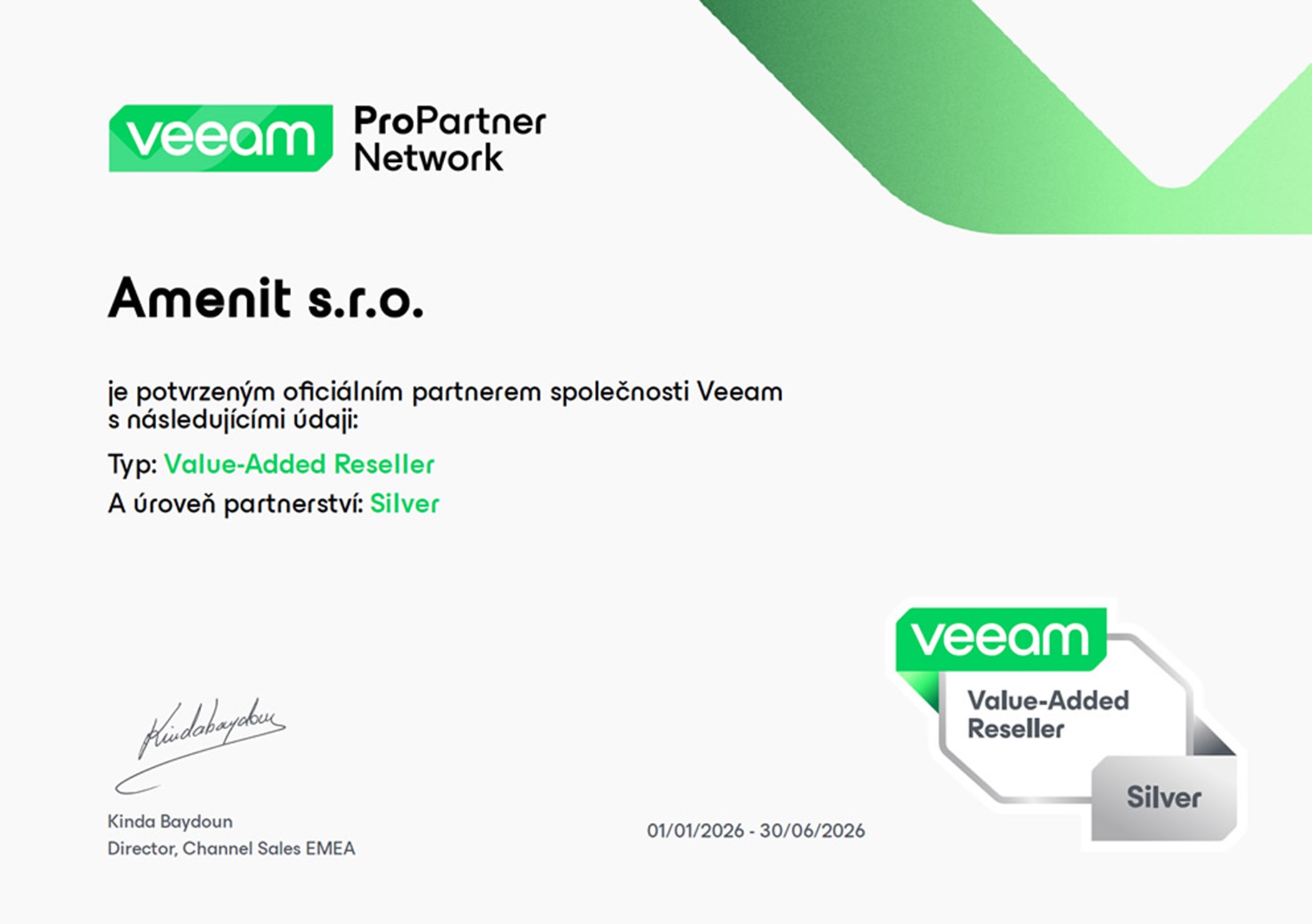 Amenit s.r.o. je potvrzeným ofi ciálním partnerem společnosti Veeam
