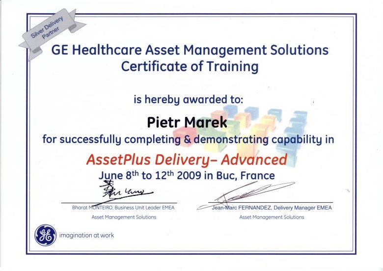 GE Certificate of Training Asset MS 2009